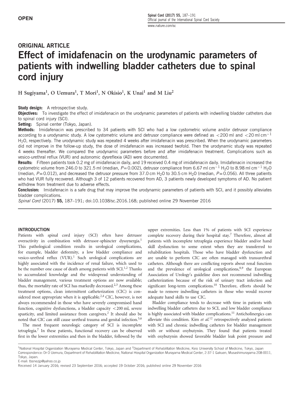 Effect of Imidafenacin on the Urodynamic Parameters of Patients with Indwelling Bladder Catheters Due to Spinal Cord Injury