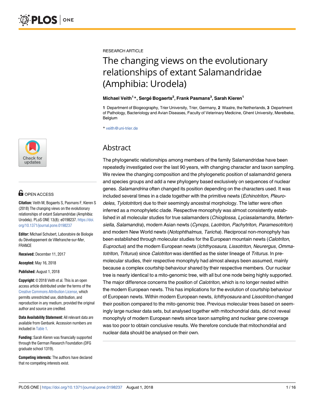 The Changing Views on the Evolutionary Relationships of Extant Salamandridae (Amphibia: Urodela)