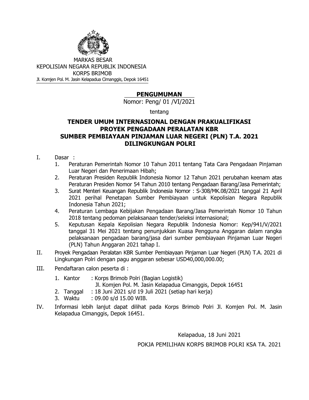 01 /Vi/2021 Tender Umum Internasional Dengan