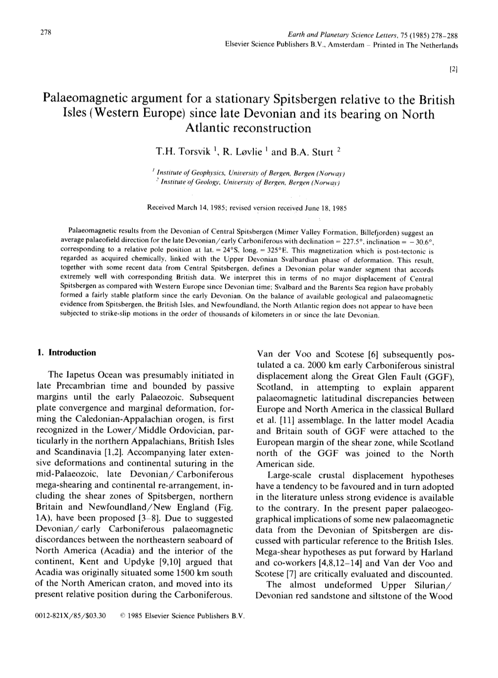 Palaeomagnetic Argument for a Stationary Spitsbergen Relative to the British Isles (Western Europe) Since Late Devonian And