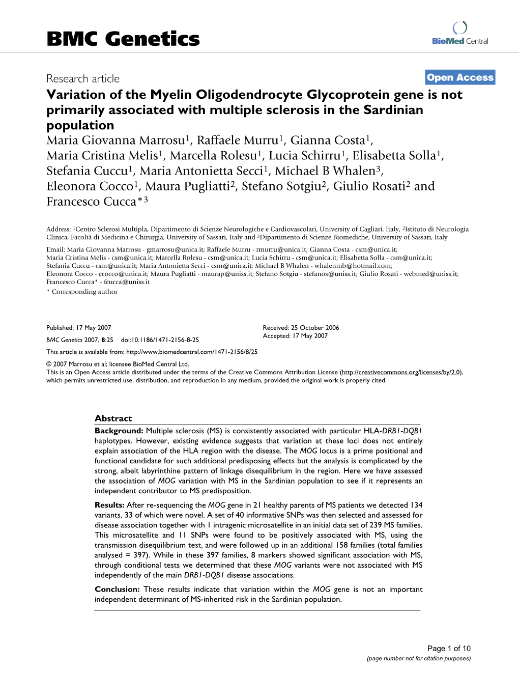 Variation of the Myelin Oligodendrocyte Glycoprotein Gene