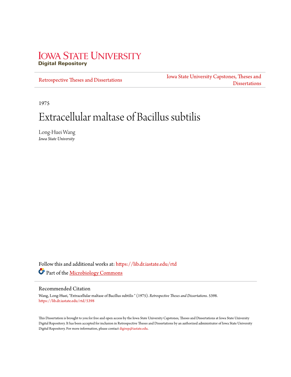 Extracellular Maltase of Bacillus Subtilis Long-Huei Wang Iowa State University