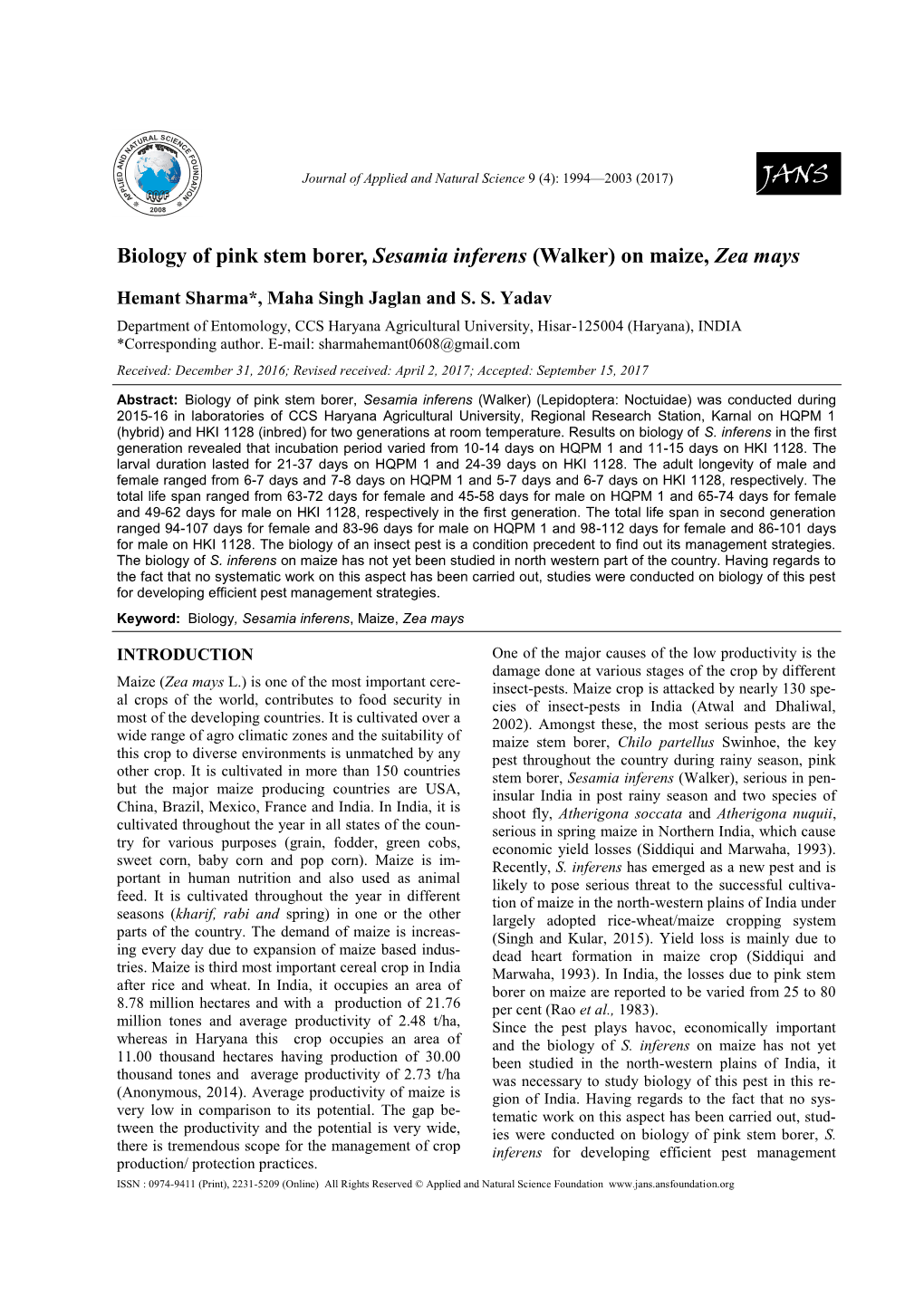 Biology of Pink Stem Borer, Sesamia Inferens (Walker) on Maize, Zea Mays