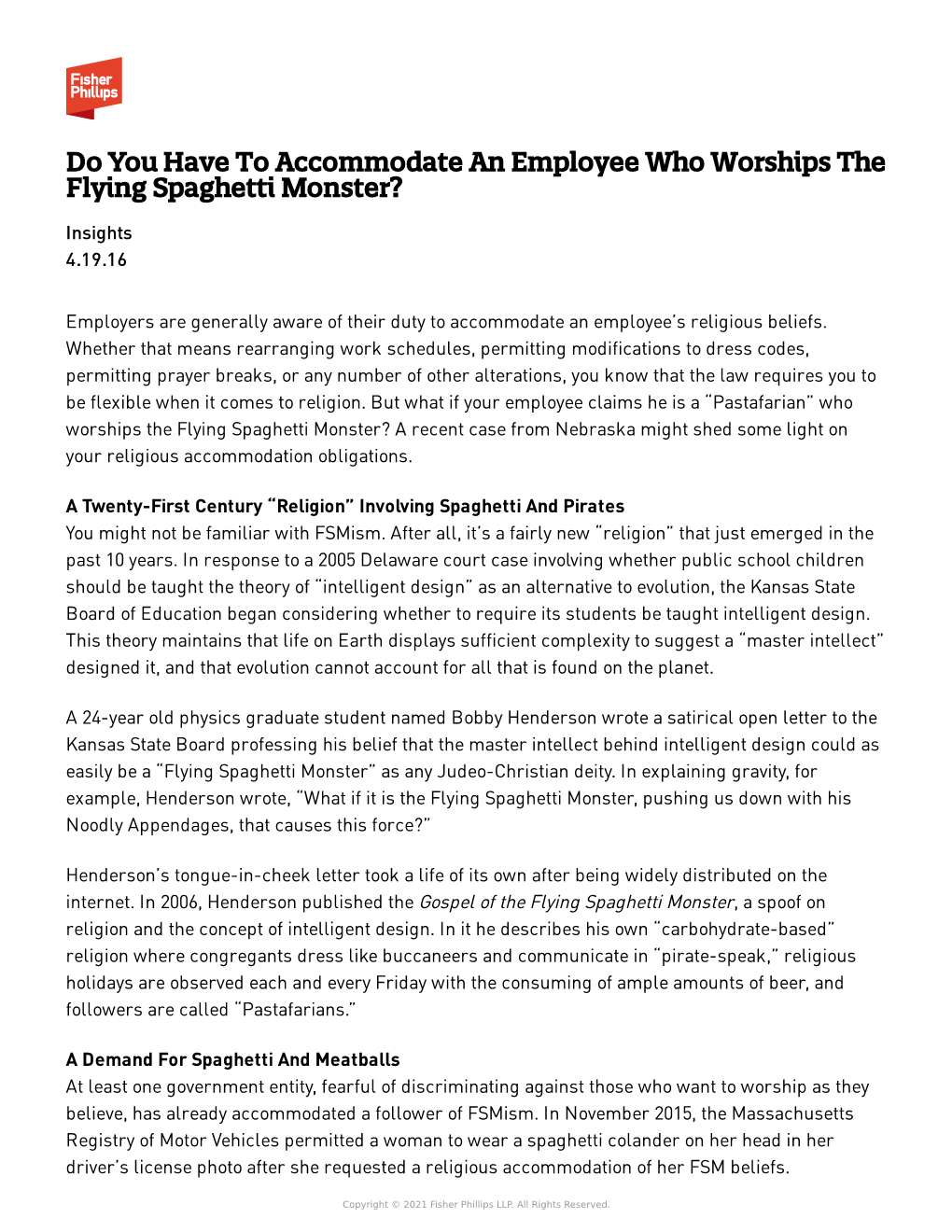 Do You Have to Accommodate an Employee Who Worships the Flying Spaghetti Monster? Insights 4.19.16