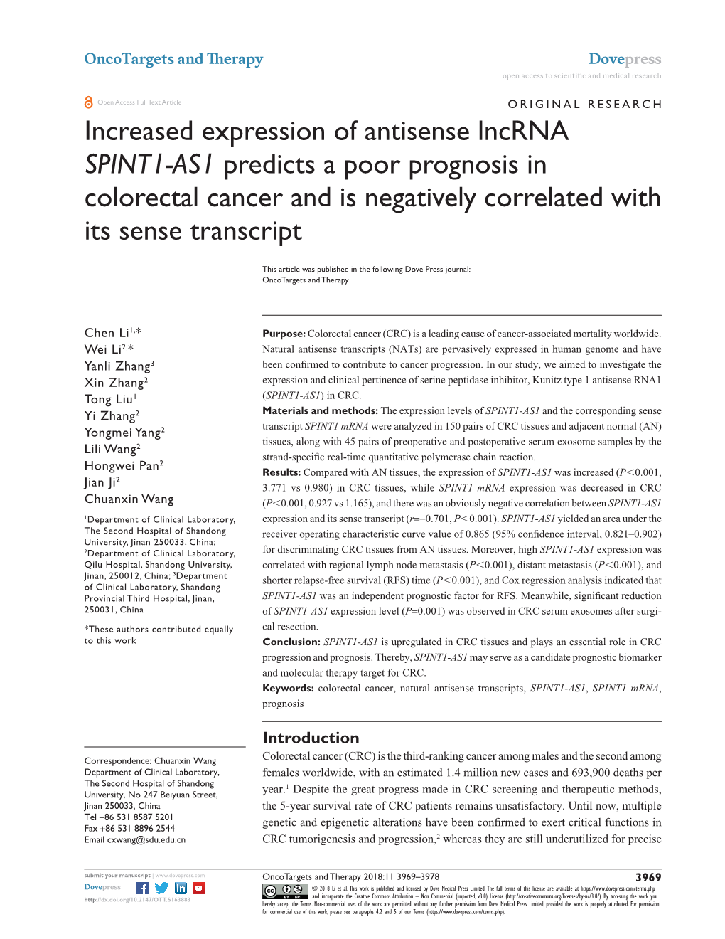 Increased Expression of Antisense Lncrna SPINT1-AS1 Predicts a Poor Prognosis in Colorectal Cancer and Is Negatively Correlated with Its Sense Transcript