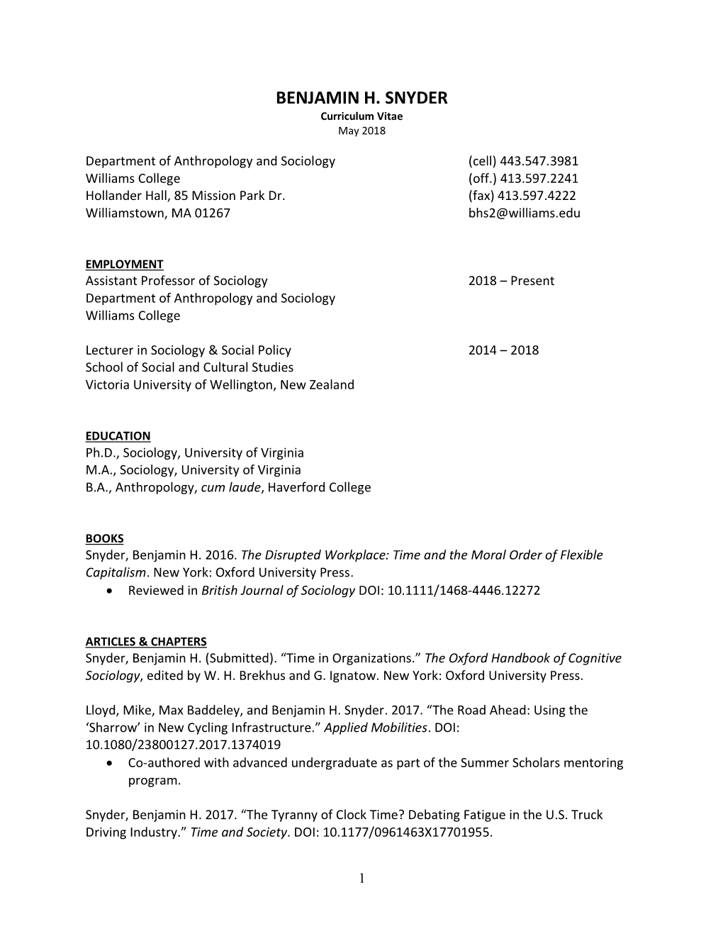 BENJAMIN H. SNYDER Curriculum Vitae May 2018