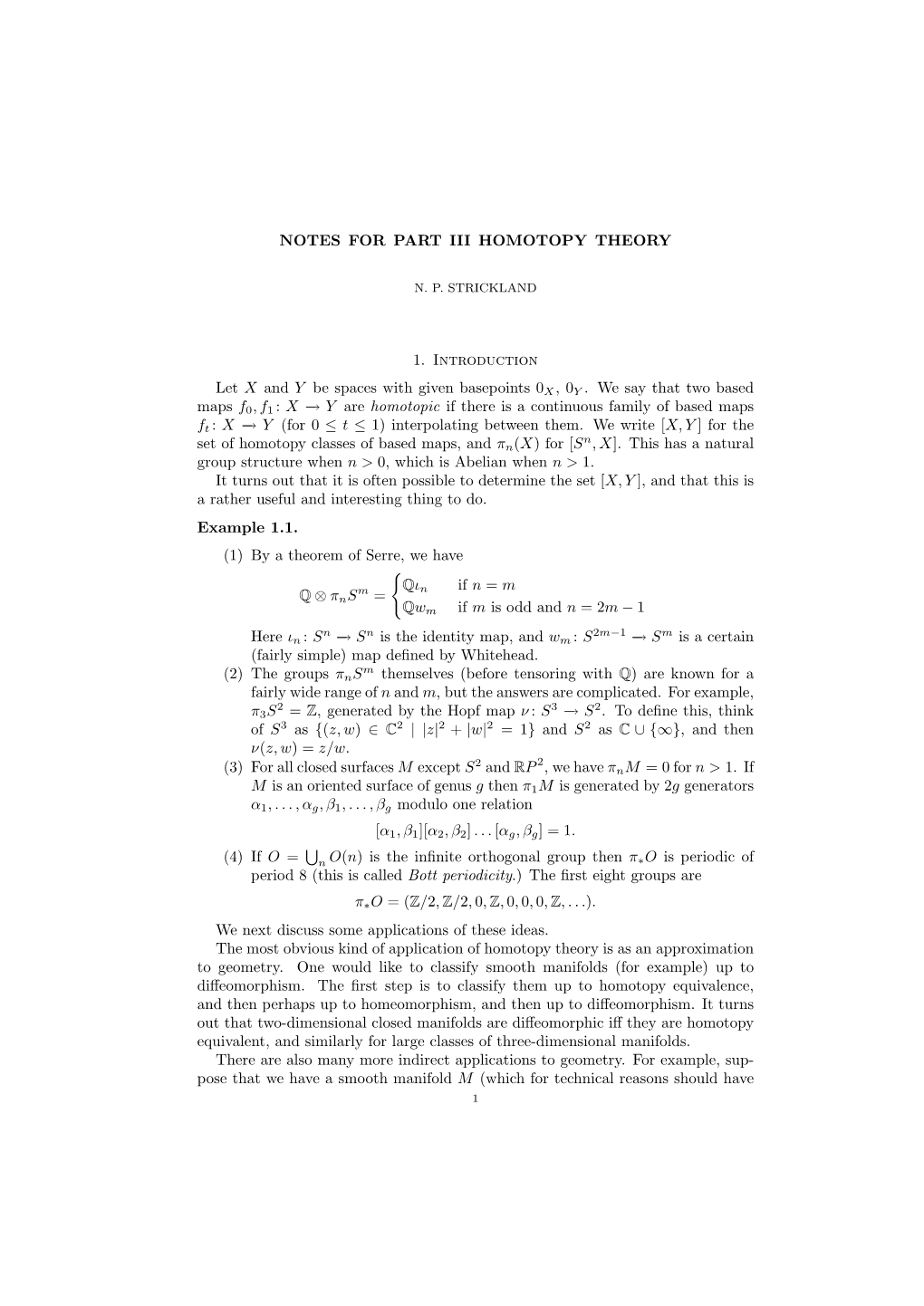 NOTES for PART III HOMOTOPY THEORY 1. Introduction Let X And