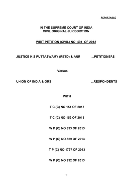 Civil) No 494 of 2012 Justice Ks Puttaswamy (Retd