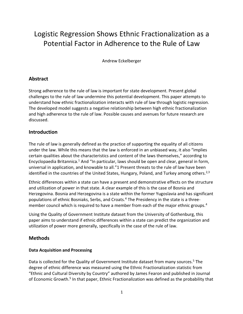 Logistic Regression Shows Ethnic Fractionalization As a Potential Factor in Adherence to the Rule of Law