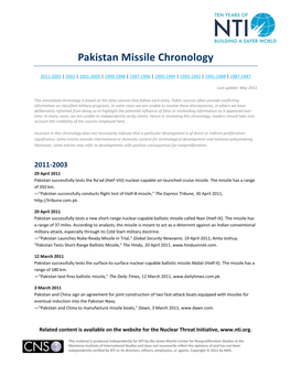 Pakistan Missile Chronology