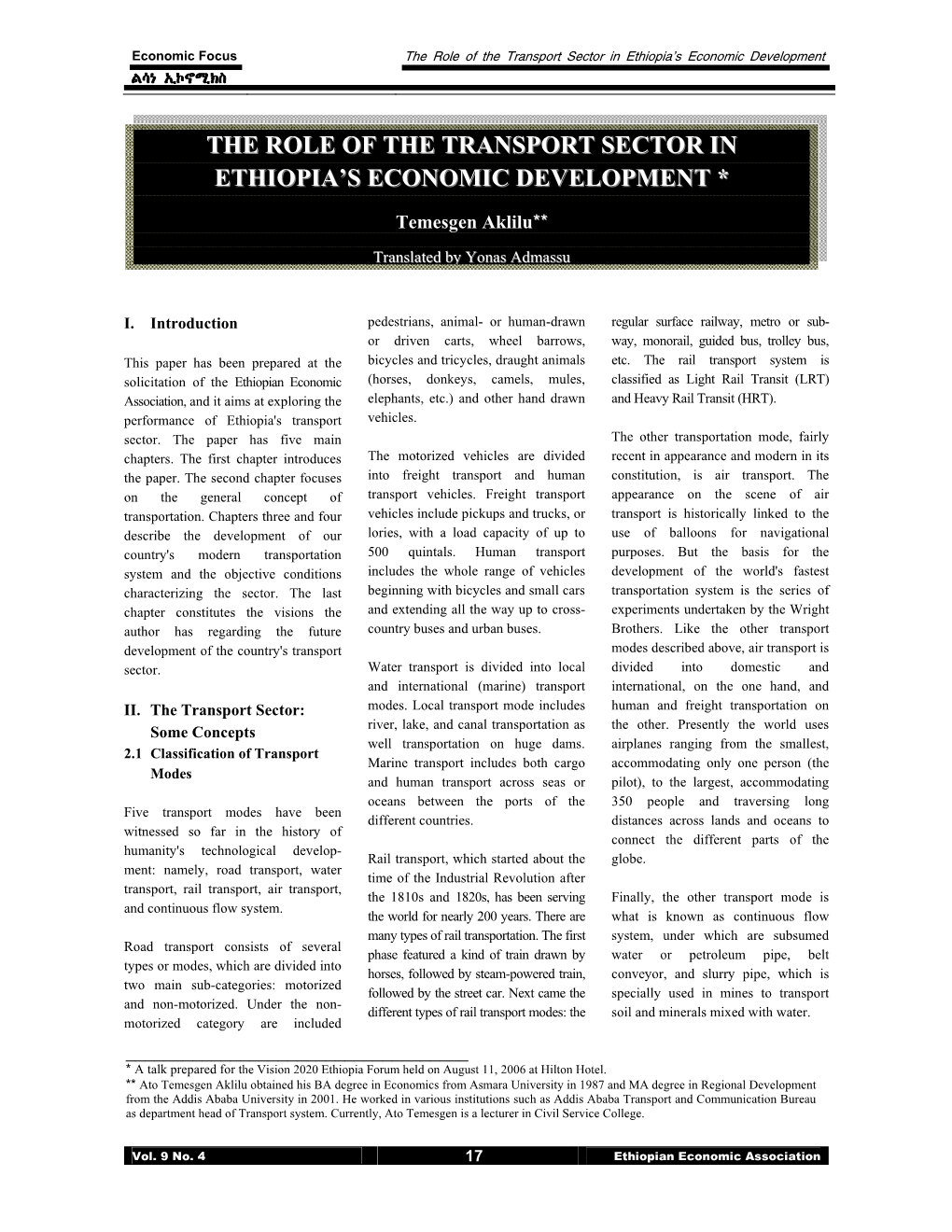The Role of the Transport Sector in Ethiopia's