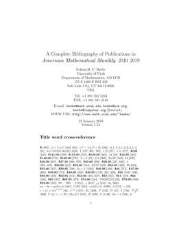 A Complete Bibliography of Publications in American Mathematical Monthly: 2010–2019