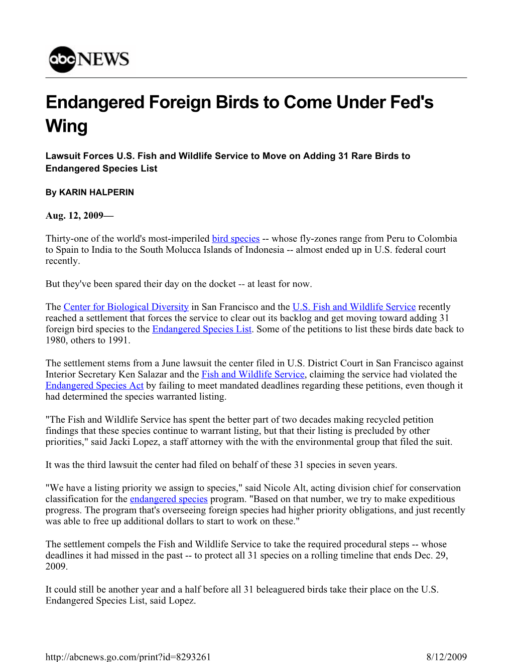 Endangered Foreign Birds to Come Under Fed's Wing