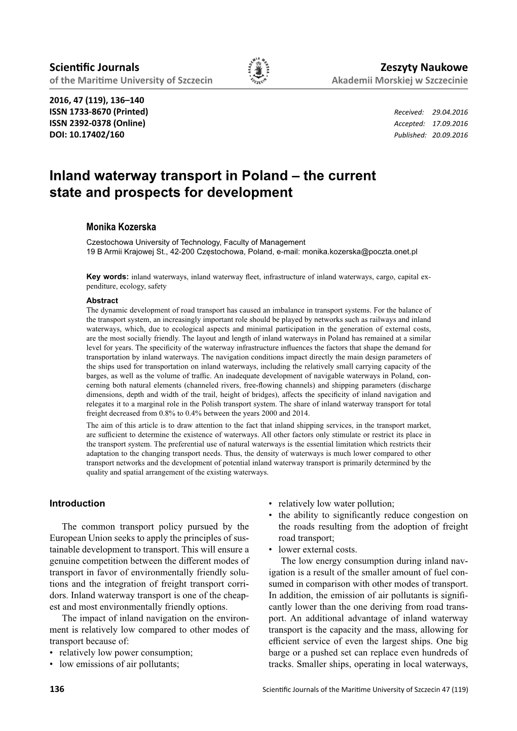 Inland Waterway Transport in Poland – the Current State and Prospects for Development