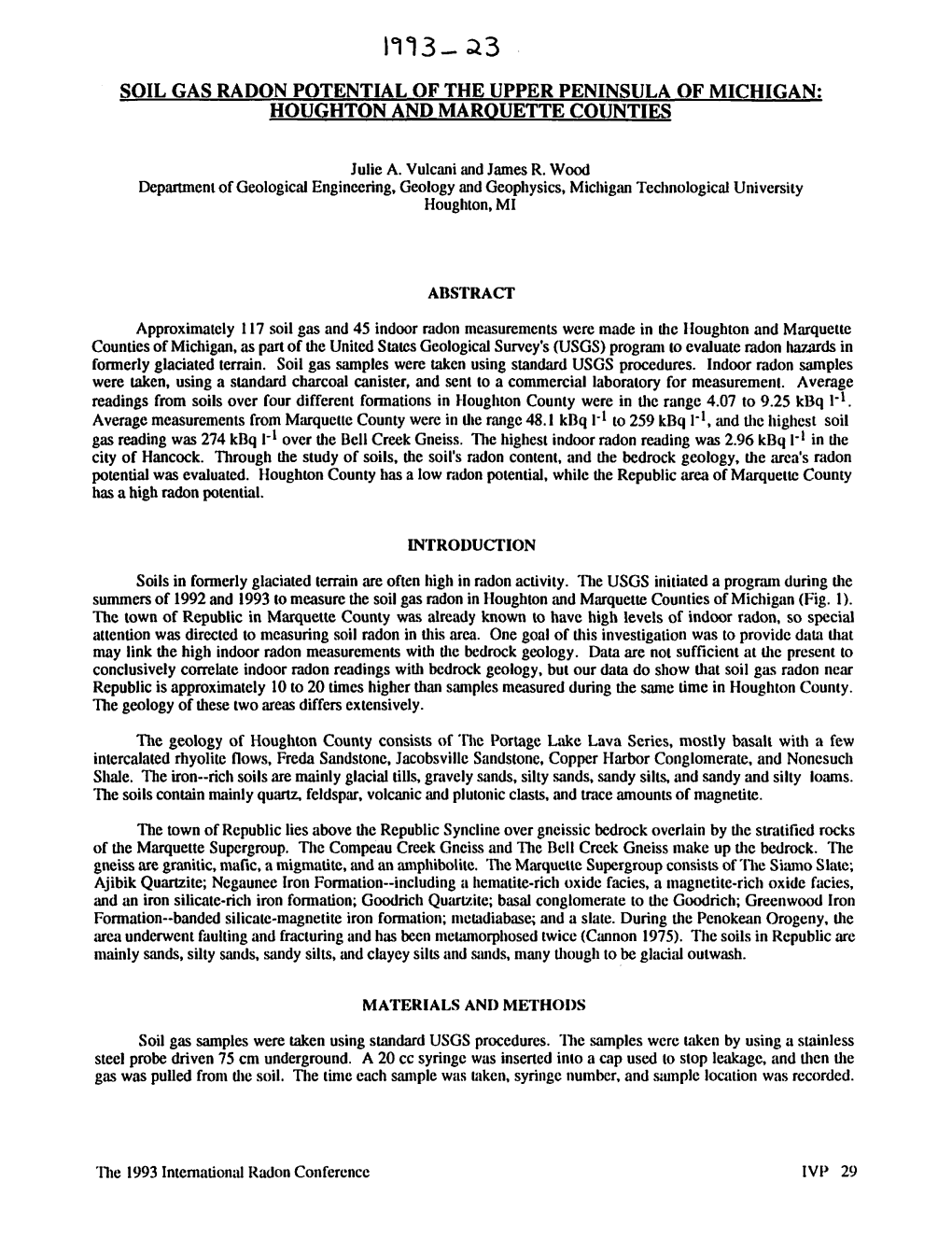 Soil Gas Radon Potential of the Upper Peninsula of Michigan: Houghton and Marouette Counties