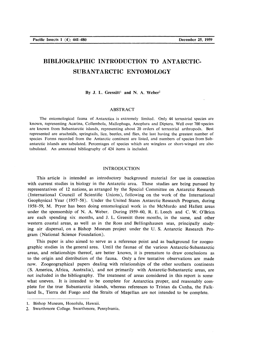 Bibliographic Introduction to Antarctic- Subantarctic Entomology