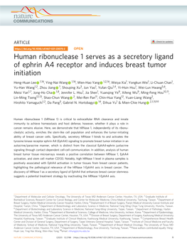 Human Ribonuclease 1 Serves As a Secretory Ligand of Ephrin A4 Receptor and Induces Breast Tumor Initiation