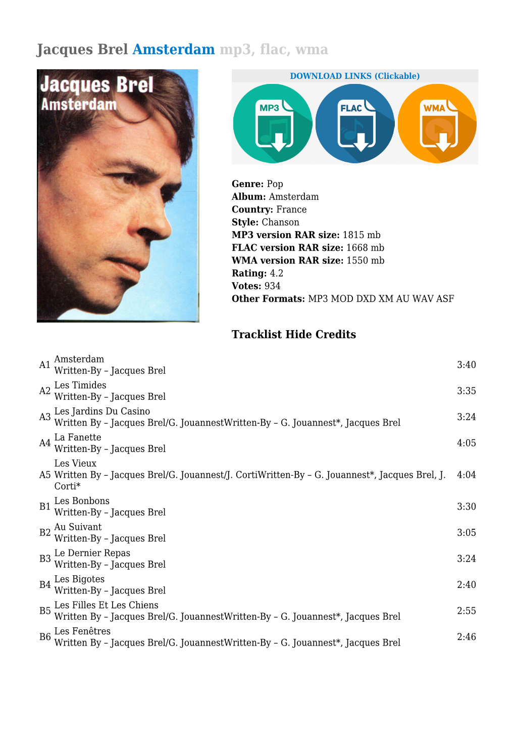 Jacques Brel Amsterdam Mp3, Flac, Wma