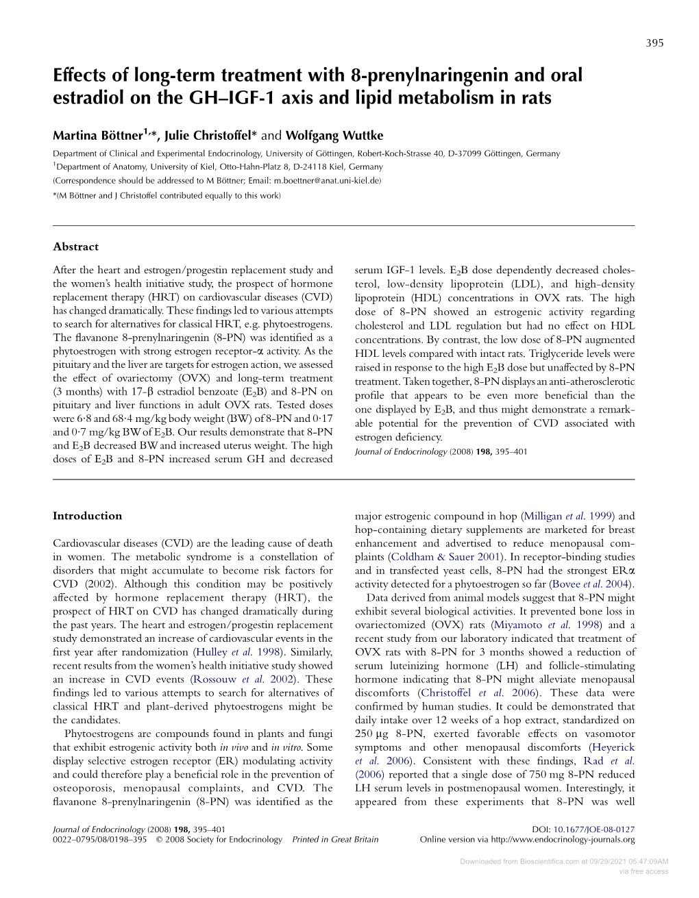 Effects of Long-Term Treatment with 8-Prenylnaringenin and Oral Estradiol on the GH–IGF-1 Axis and Lipid Metabolism in Rats