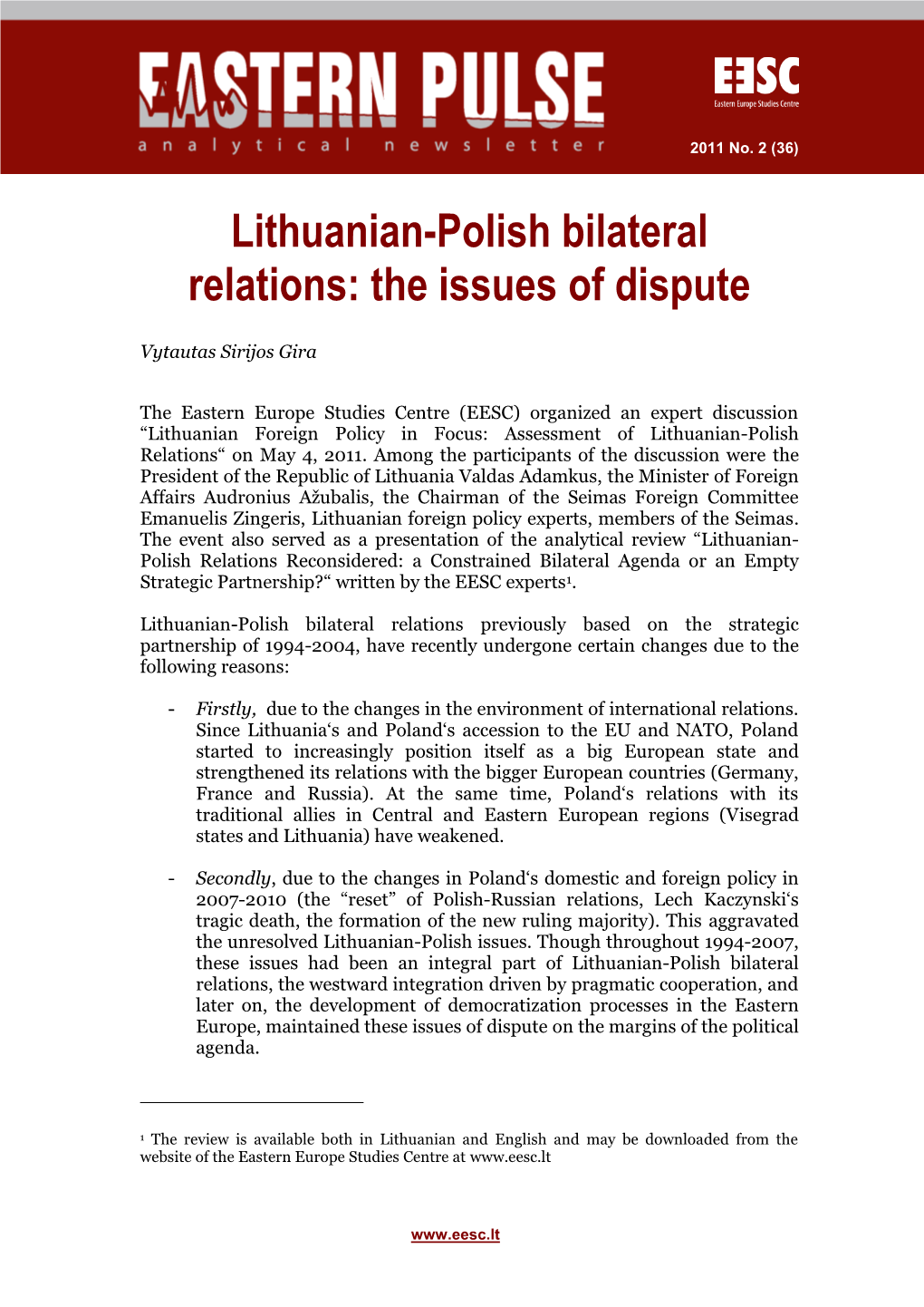 Lithuanian-Polish Bilateral Relations: the Issues of Dispute