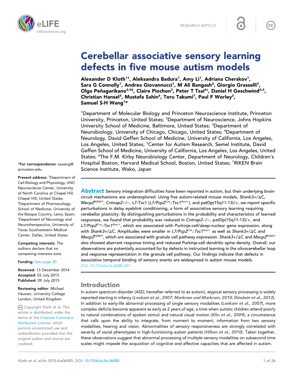 Cerebellar Associative Sensory Learning Defects in Five Mouse