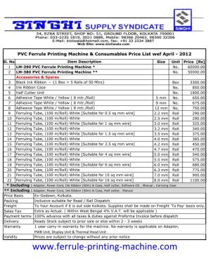 Ferrule Printing Machine & Consumables Price List Wef April - 2012