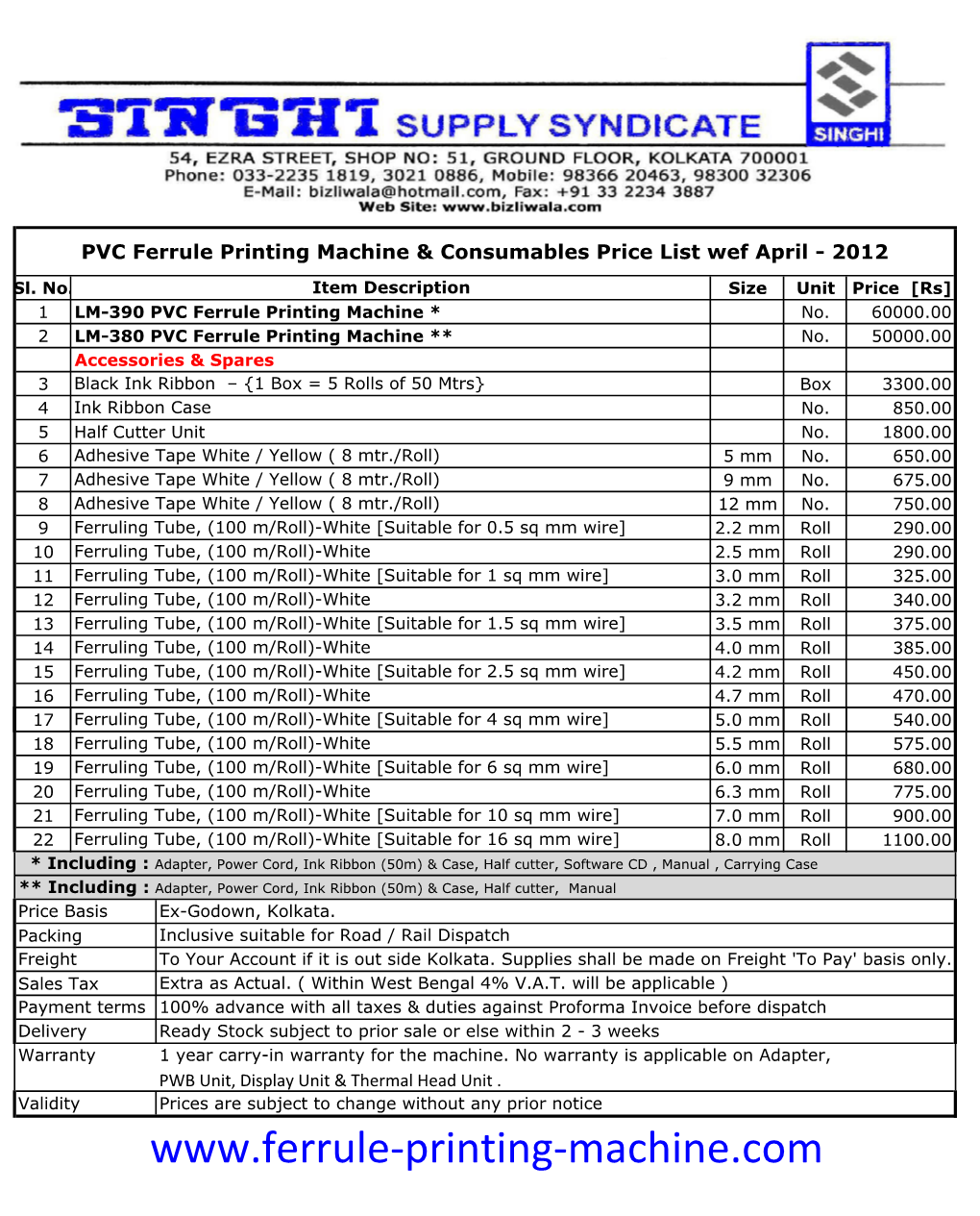 Ferrule Printing Machine & Consumables Price List Wef April - 2012