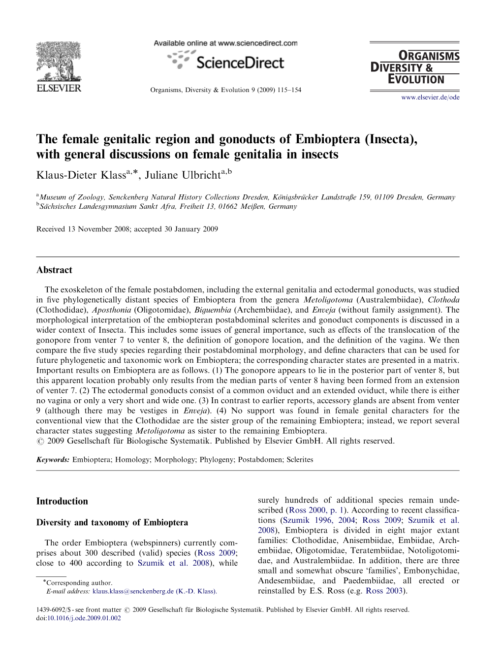 The Female Genitalic Region and Gonoducts of Embioptera (Insecta