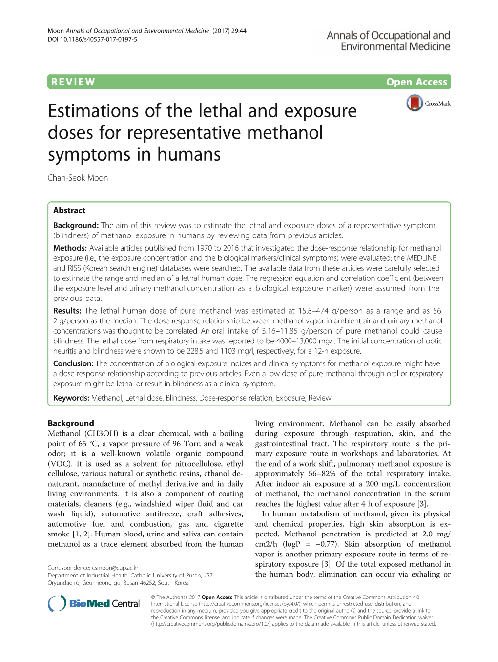 Estimations of the Lethal and Exposure Doses for Representative Methanol Symptoms in Humans Chan-Seok Moon