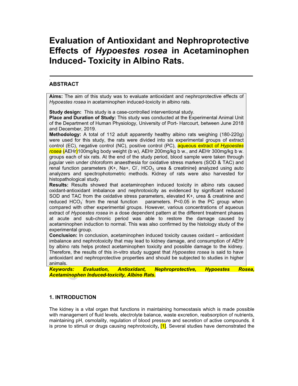 Evaluation of Antioxidant and Nephroprotective Effects of Hypoestes Rosea in Acetaminophen Induced- Toxicity in Albino Rats