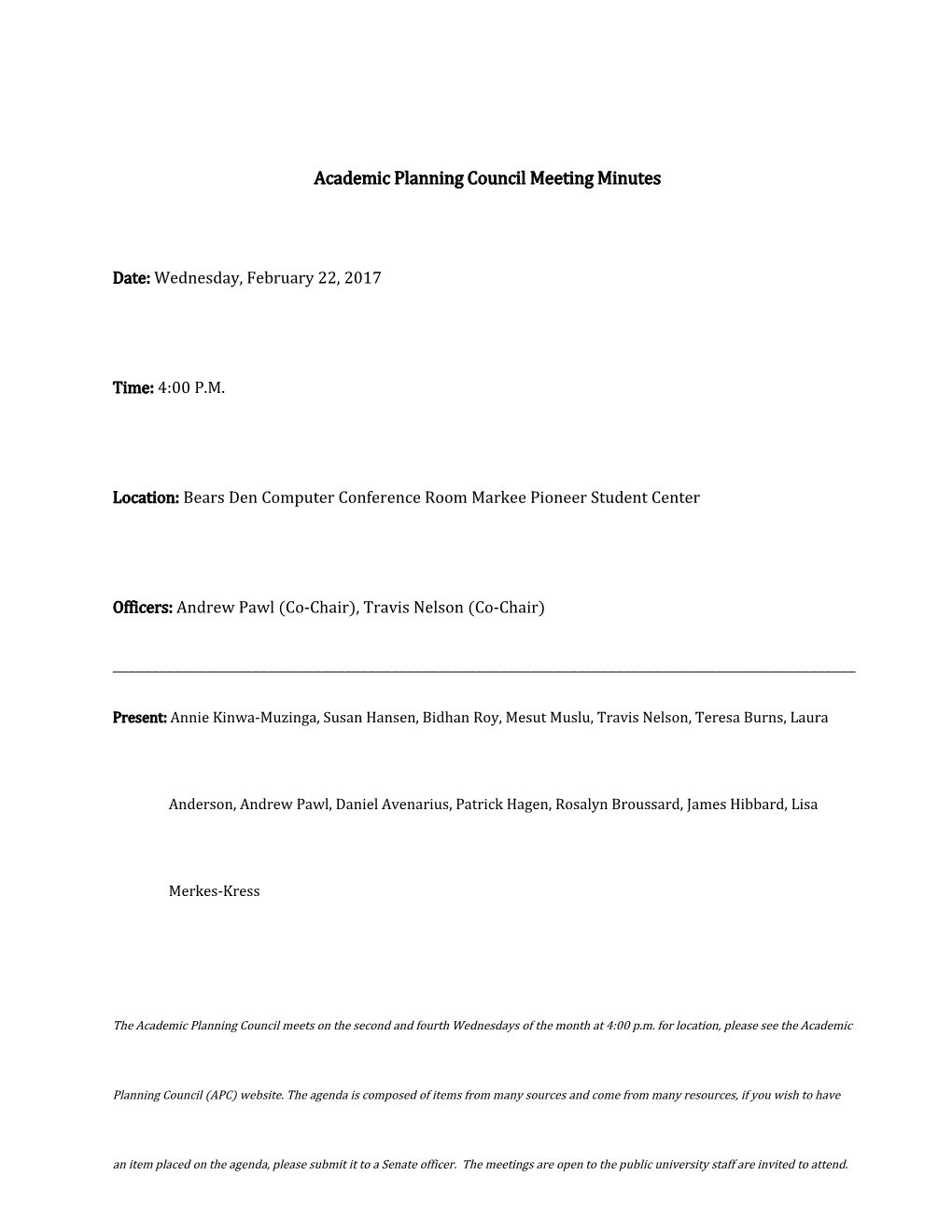 Academic Planning Council Meeting Minutes