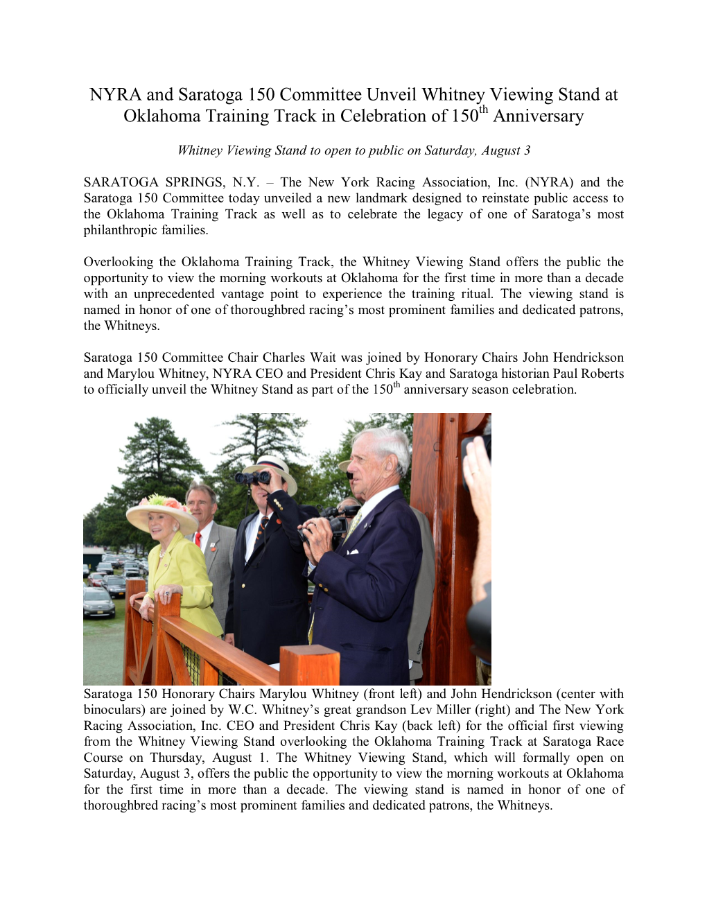 NYRA and Saratoga 150 Committee Unveil Whitney Viewing Stand at Oklahoma Training Track in Celebration of 150Th Anniversary