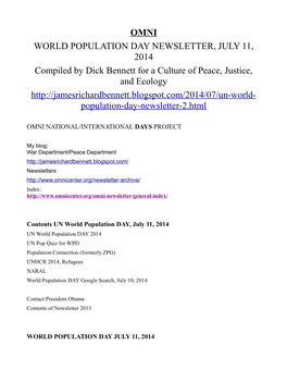 July 11, 2014, World Population Day Newsletter