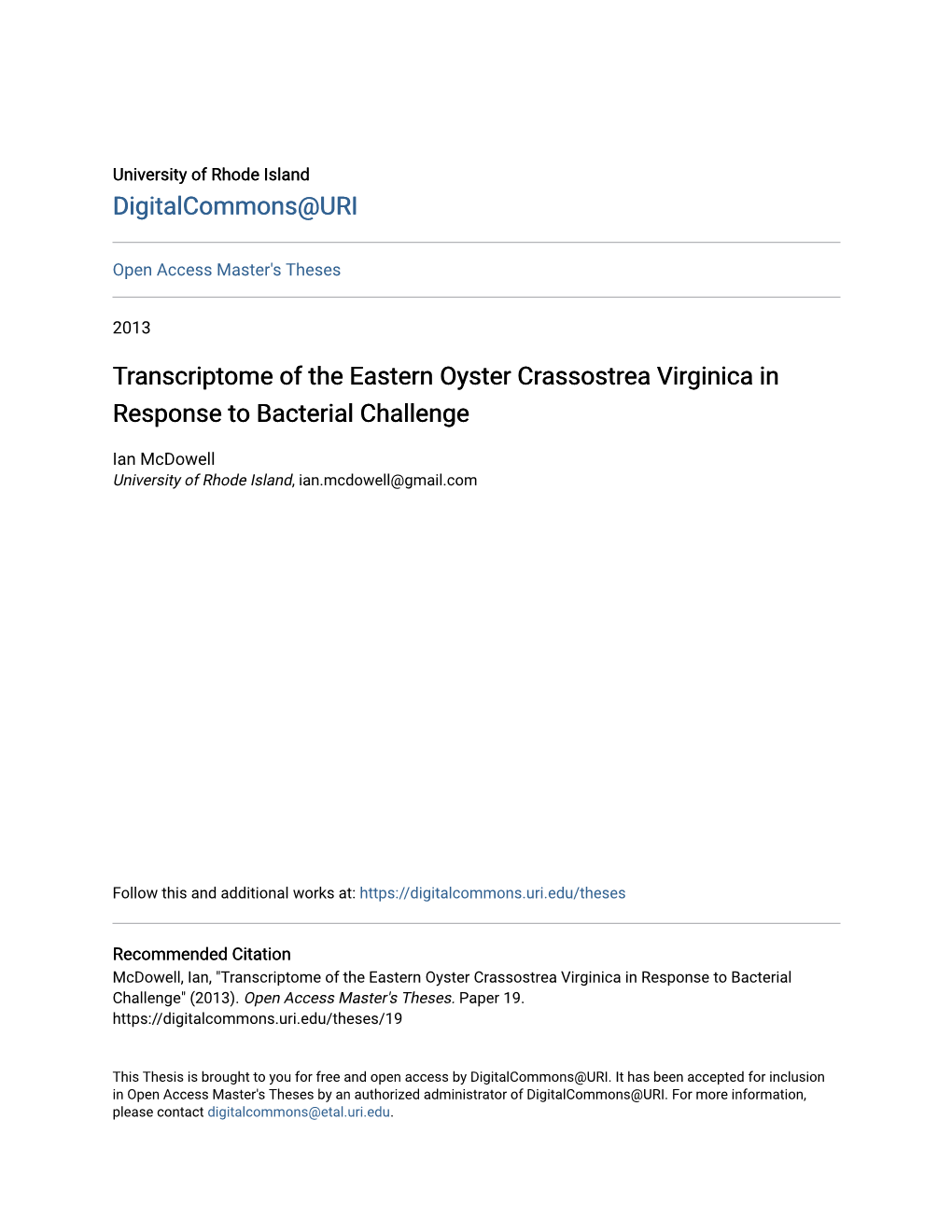 Transcriptome of the Eastern Oyster Crassostrea Virginica in Response to Bacterial Challenge