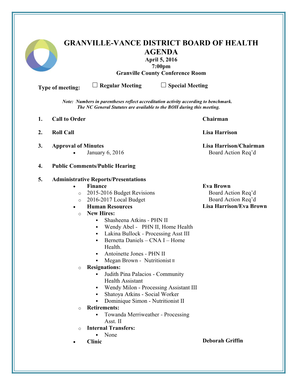 Granville-Vance District Board of Health Agenda