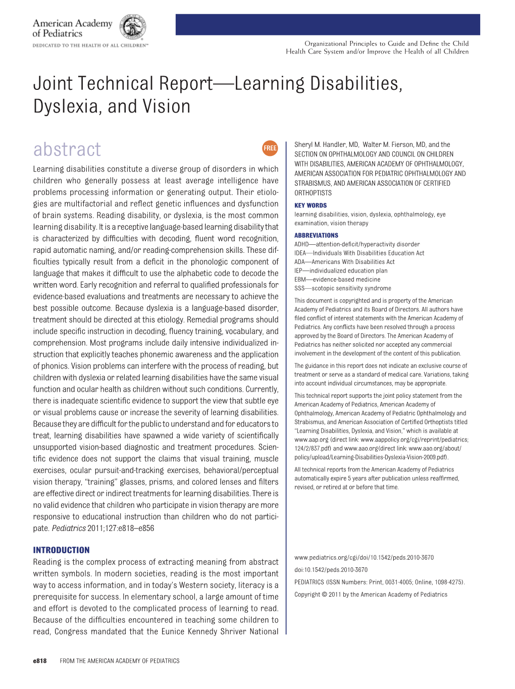 Joint Technical Report—Learning Disabilities, Dyslexia, and Vision