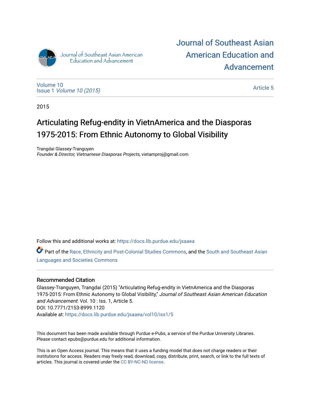 Articulating Refug-Endity in Vietnamerica and the Diasporas 1975-2015: from Ethnic Autonomy to Global Visibility