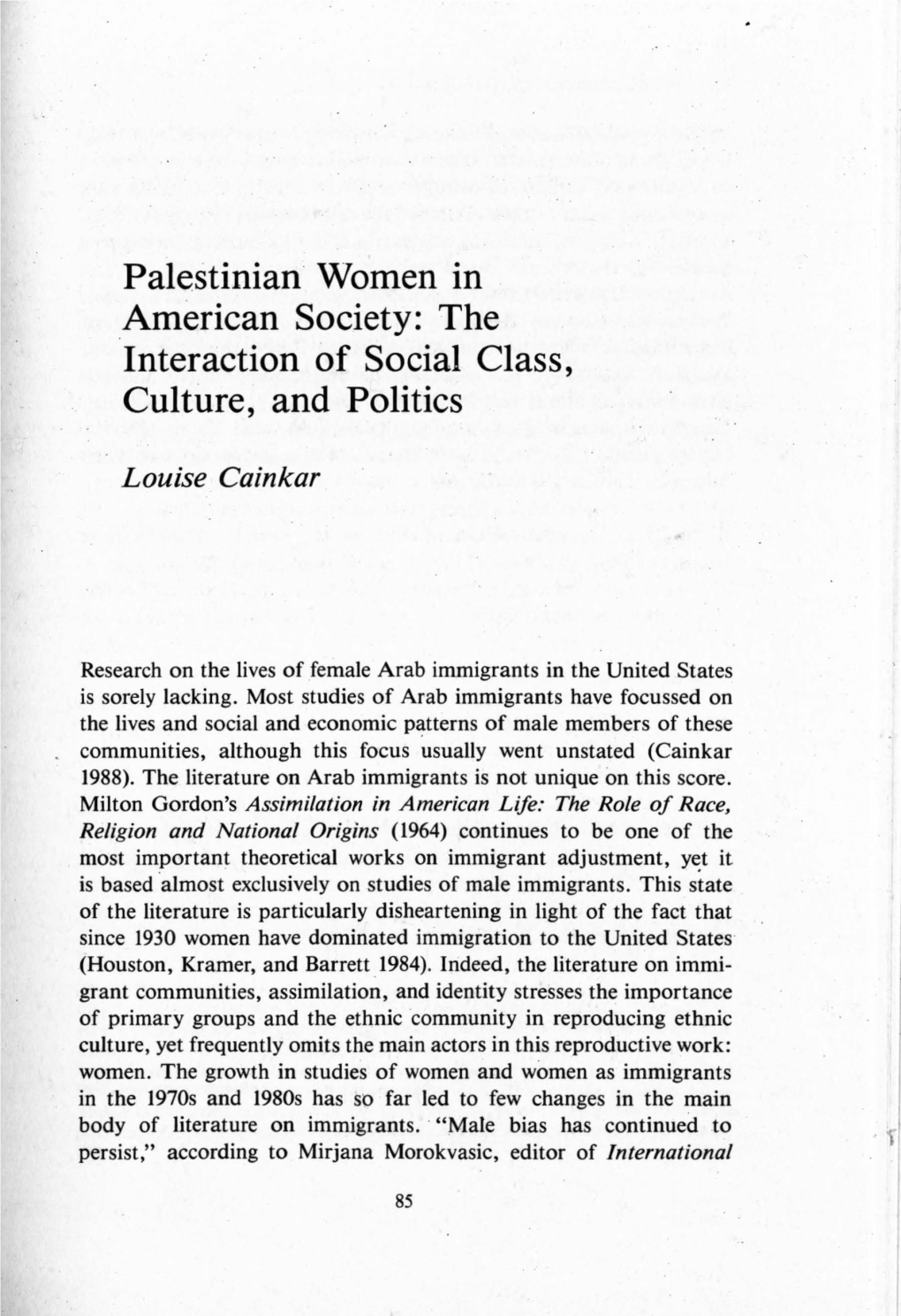 Palestinian Women in American Society: the Interaction of Social Class, Culture and Politics