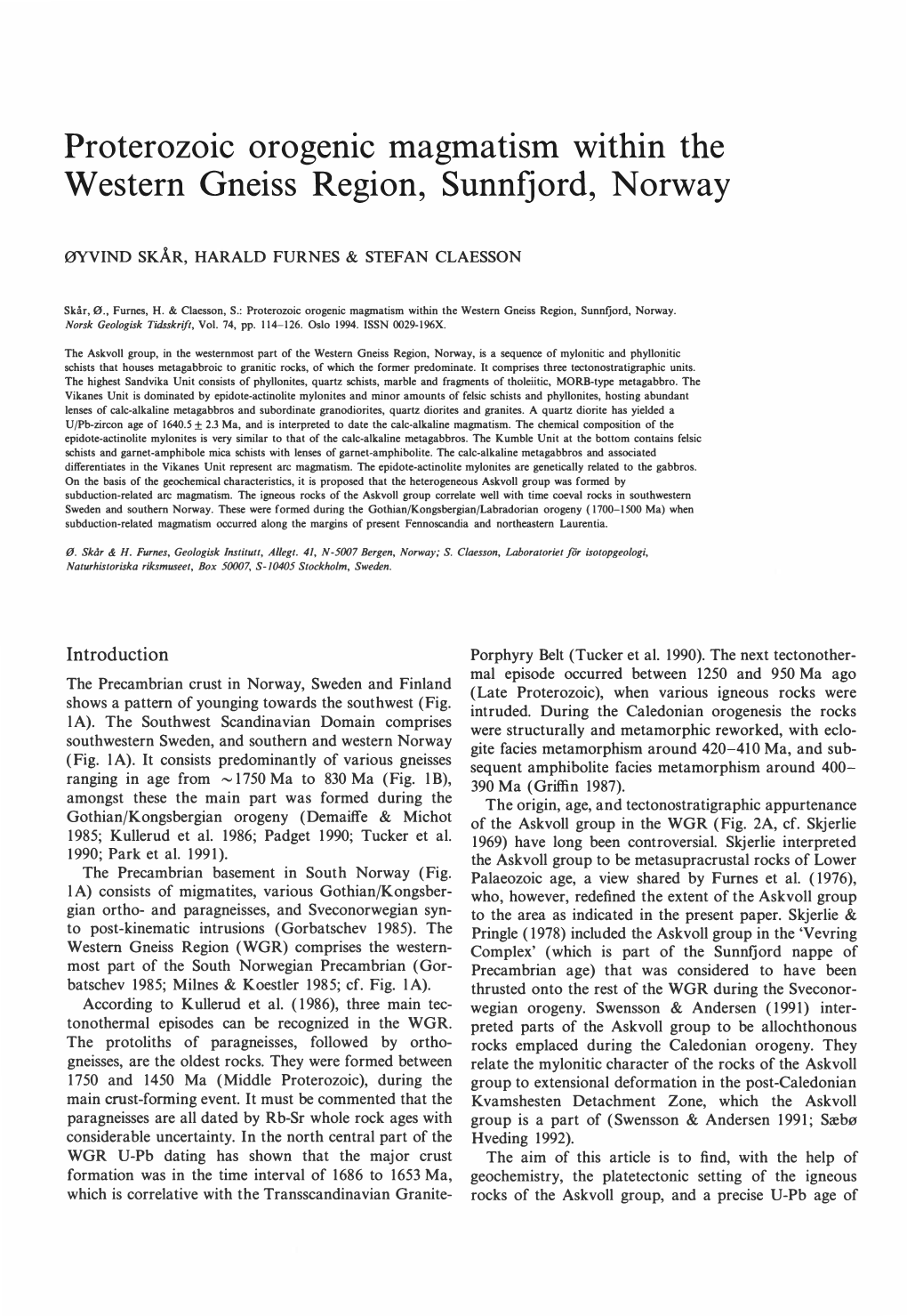 Proterozoic Orogenic Magmatism Within the Western Gneiss Region, Sunnfjord, Norway