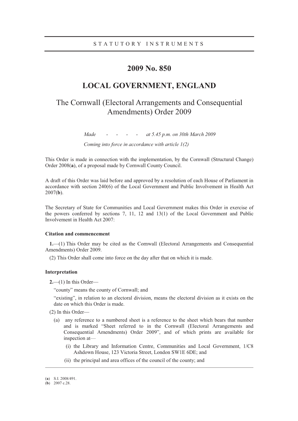 Electoral Arrangements and Consequential Amendments) Order 2009