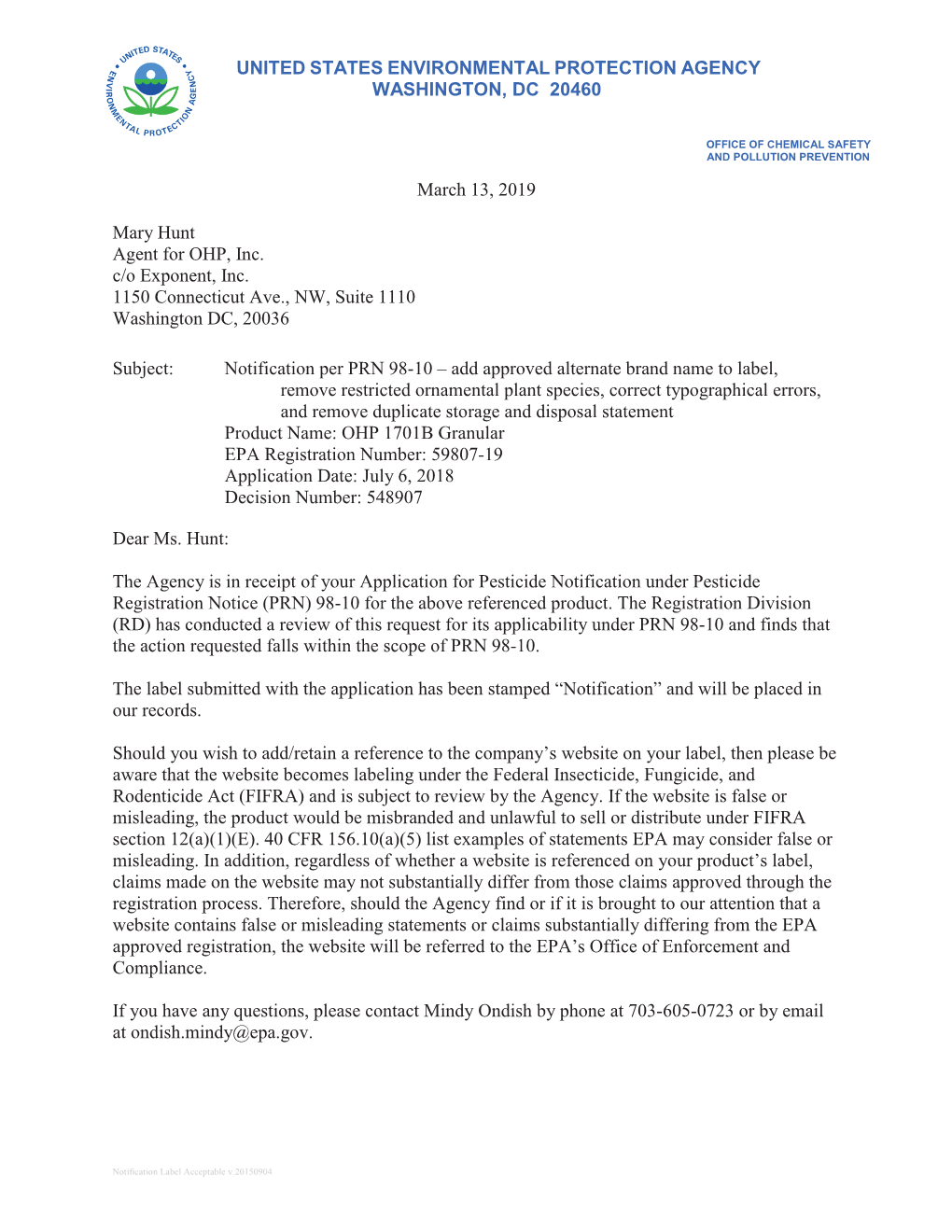 US EPA, Pesticide Product Label, OHP 1701B Granular,03/13/2019