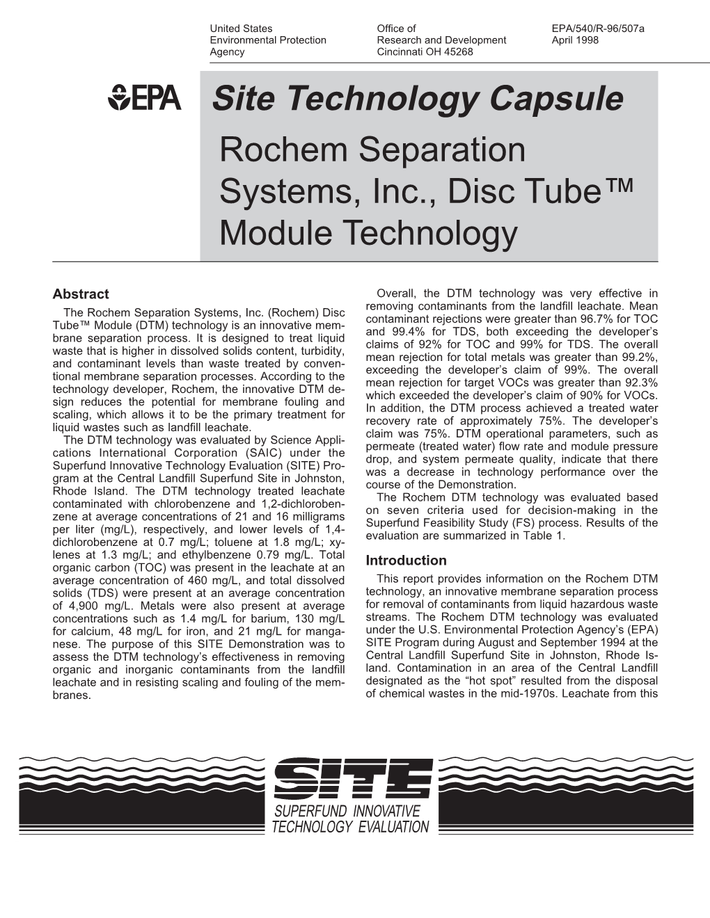 Site Technology Capsule Rochem Separation Systems, Inc., Disc Tube™ Module Technology