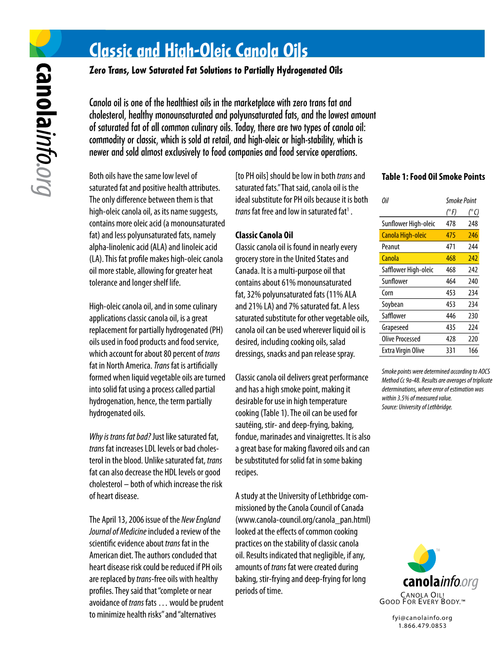 Classic and High-Oleic Canola Oils Zero Trans, Low Saturated Fat Solutions to Partially Hydrogenated Oils