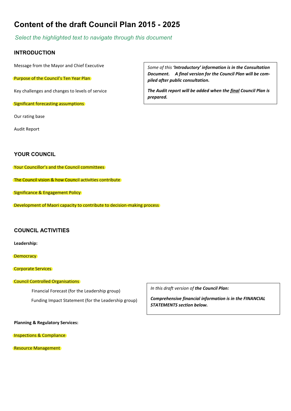 Content of the Draft Council Plan 2015 - 2025