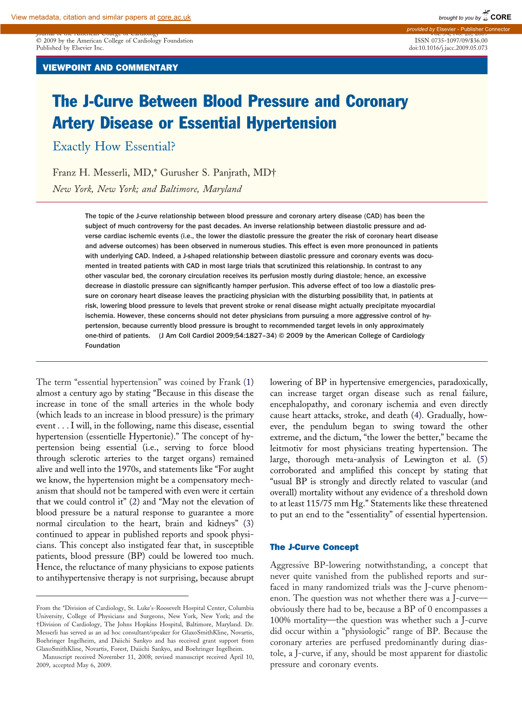 The J-Curve Between Blood Pressure and Coronary Artery Disease Or Essential Hypertension Exactly How Essential?