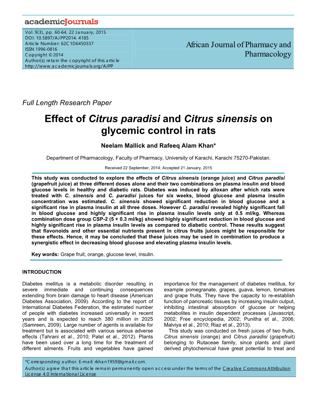 Effect of Citrus Paradisi and Citrus Sinensis on Glycemic Control in Rats