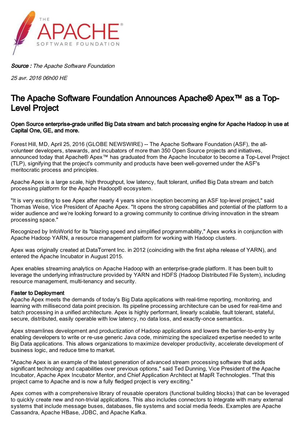 The Apache Software Foundation Announces Apache® Apex™ As a Top- Level Project