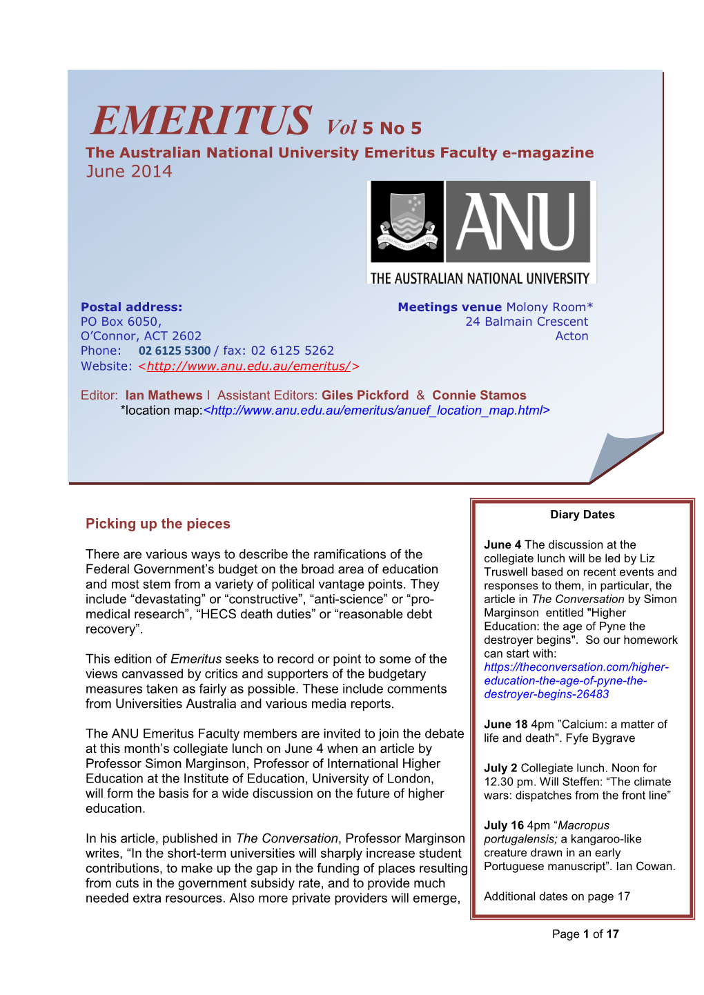 EMERITUS Vol 5 No 5 the Australian National University Emeritus Faculty E-Magazine June 2014