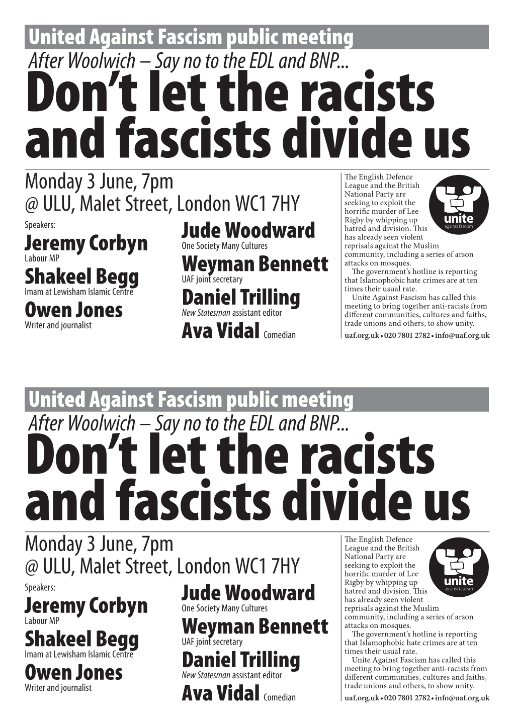 United Against Fascism Public Meeting After Woolwich – Say No to the EDL and BNP