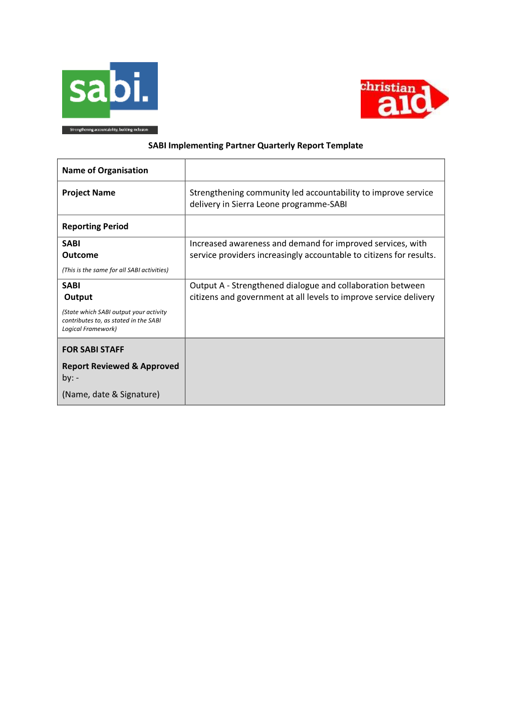 SABI Implementing Partner Quarterly Report Template Name Of